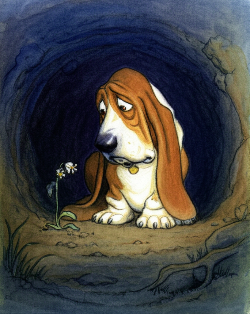 A melancholic watercolor illustration of a cartoon basset hound sadly sitting in a dark hole dug into the earth. The dog looks defeated and dejected, with its head hanging low and droopy eyes. Dim light filters into the hole, illuminating the dog’s face. The color palette is muted and somber, with browns, grays, and blues dominating the scene. The walls of the hole are rough and uneven, with exposed roots and dirt. A single, wilted flower lies near the dog’s paws. The scene evokes a sense of loneliness and despair. The dog’s long, floppy ears hang limply. A small puddle reflects the dim light.