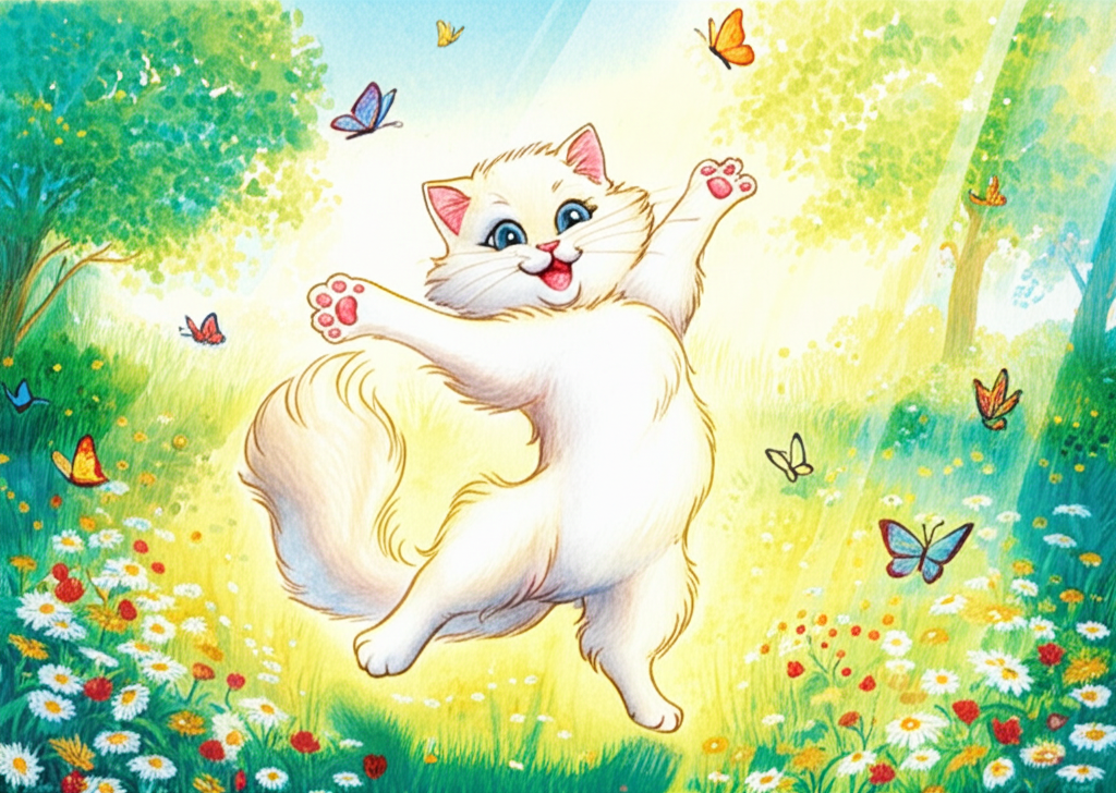 A joyful watercolor illustration of a cartoon Turkish Van cat dancing happily in a sunny meadow, surrounded by butterflies flitting through the air. She is looking towards the viewer with an inviting smile and outstretched paws. Sunlight streams down, illuminating the meadow and casting long, soft shadows. The color palette is bright and cheerful, with greens, yellows, and blues dominating the scene. The meadow is filled with wildflowers of all colors, all rendered in a loose, impressionistic style. The cat’s fur is soft and fluffy, painted with delicate washes of white and cream. The butterflies are vibrant and colorful. The overall tone is one of happiness and freedom.
