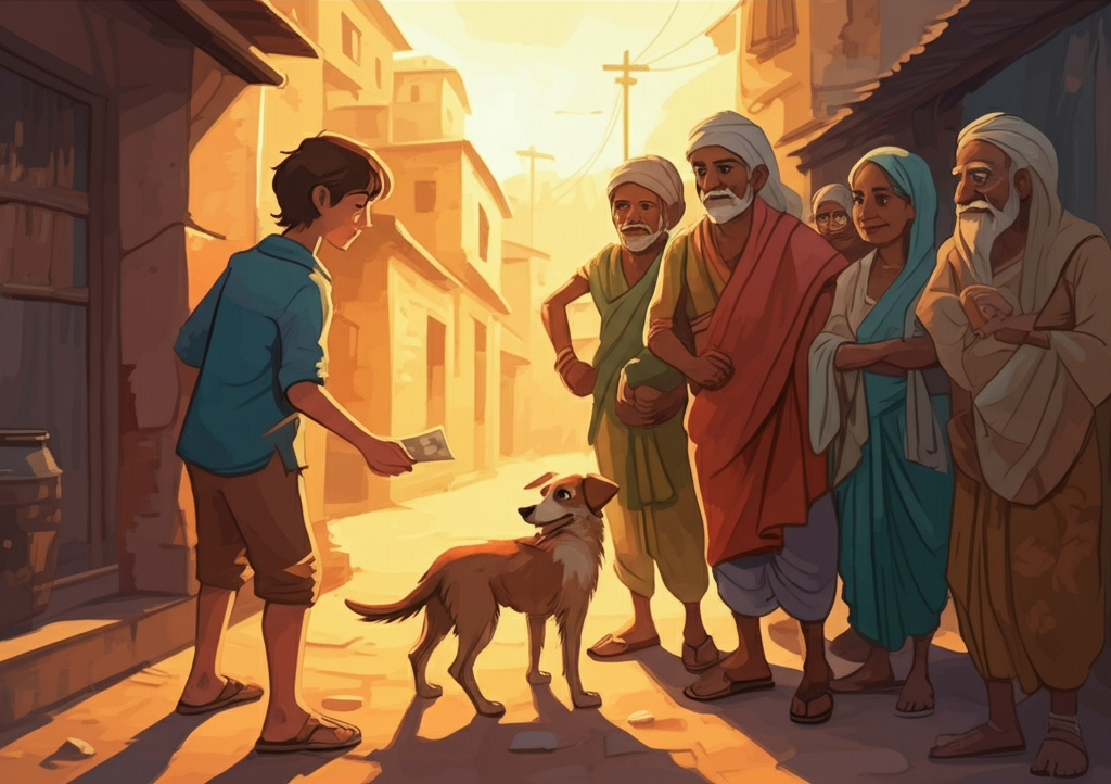Watercolor illustration of a kind-faced young man with sun-kissed skin and gentle eyes, giving 100 rupees to a group of villagers. The scene is bathed in the warm, golden light of late afternoon, casting long shadows across the dusty Indian village streets. The villagers, their faces etched with gratitude and weathered by the sun, hold a scruffy brown dog with matted fur and hopeful eyes. The 100 rupee note is slightly crumpled, a symbol of its value. Buildings in the background are made of mud brick, their walls adorned with faded paint and crumbling plaster, showcasing traditional Indian village architecture. Watercolors are blended softly, evoking a feeling of warmth and kindness. A small tea stall with chipped paint can be seen in the background.