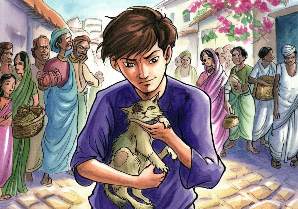 Watercolor illustration depicting the young man, his brow furrowed with care, holding a small, patched-up cat with mismatched eyes. The scene is set in a bustling village square with curious onlookers in the background. The villagers, a diverse group of men, women, and children in colorful saris and dhotis, offer him 100 rupees, their expressions a mix of amusement and appreciation. The cat should look grateful, its tail gently swishing against the young man’s arm. The watercolors capture the vibrant hues of the village: the bright pink of bougainvillea crawling up a whitewashed wall, the deep blue of a potter’s kiln, the earthy tones of the cobblestone street. The light is diffused, creating a soft, dreamlike quality. The cat’s fur should appear fluffy and slightly oily, with visible stitches on the patch. The textures of woven baskets and rough clay pots add to the authenticity.