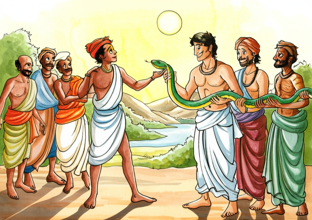 Watercolor illustration of the young man handing over his last 100 rupees to villagers holding a long, emerald green snake. The villagers, their faces gleaming with delight, look pleased, their dark eyes sparkling with anticipation. The snake appears relieved, its scales shimmering in the bright sunlight, tongue subtly flicking. The backdrop is a vibrant Indian landscape, with rolling hills, lush greenery, and a distant river glistening under the sun. The watercolor style emphasizes the richness of the colors and the flowing movement of the snake. The sun is high overhead, casting sharp shadows that emphasize the contours of the landscape. The expressions should be subtly exaggerated to highlight the relief and pleasure of all characters. Textures of coarse fabric and sun-baked earth add realism to the scene.