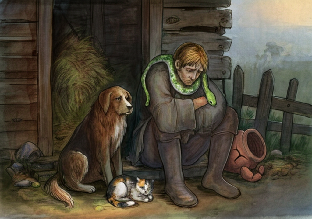 Watercolor illustration of the young man looking dejected, shoulders slumped and eyes downcast, sitting outside a simple barn constructed of weathered wood with visible cracks and knots. The light is dim and melancholic, filtered through the cloudy sky of a late afternoon. He is surrounded by a loyal brown dog with soulful eyes, a calico cat curled at his feet, purring softly, and the green snake coiled protectively around his shoulders. Focus on the emotion of sadness and companionship; the animals offer silent comfort. The barn interior is visible through cracks, revealing hay bales and dusty tools. A broken clay pot lies near his feet. The color palette is muted and somber, with shades of brown, gray, and faded green. A gentle breeze rustles through the leaves, adding a sense of movement and quiet sorrow.