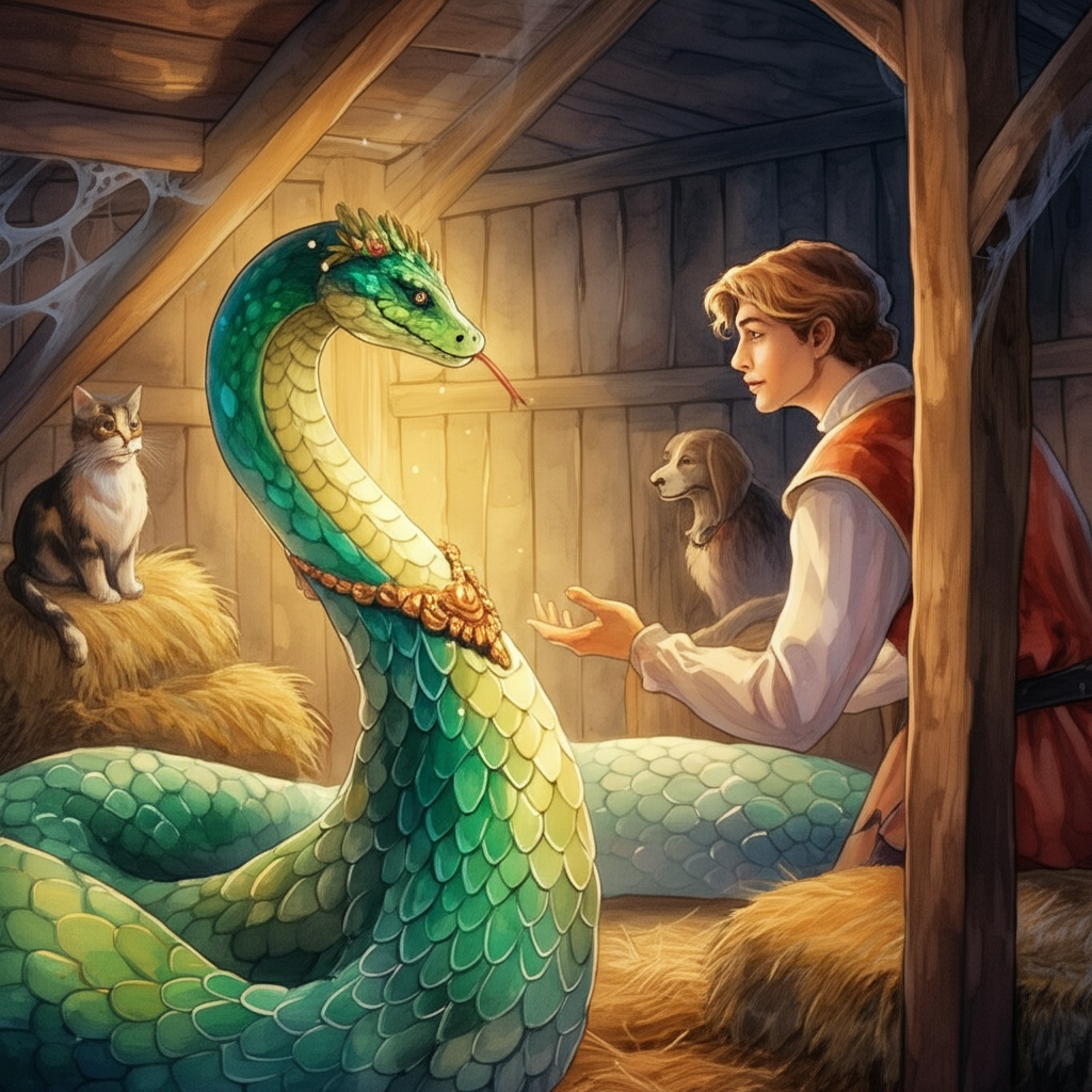 Watercolor illustration of the snake, now revealed to be a prince with scaled jewelry embedded in his scales, speaking to the young man in the barn. The barn is illuminated by soft, ethereal light emanating from the prince, creating long, dramatic shadows. The cat and dog are present, perched attentively on hay bales, their ears pricked. Emphasize the snake’s regal appearance – perhaps a crown of woven leaves and flowers – and his gratitude, visible in his eloquent posture and expressive eyes. The watercolor technique should capture the shimmer and iridescence of the prince’s scales. The interior of the barn includes details like dusty cobwebs, aged wooden beams, and scattered straw. The Prince’s scales are made of emerald and gold.