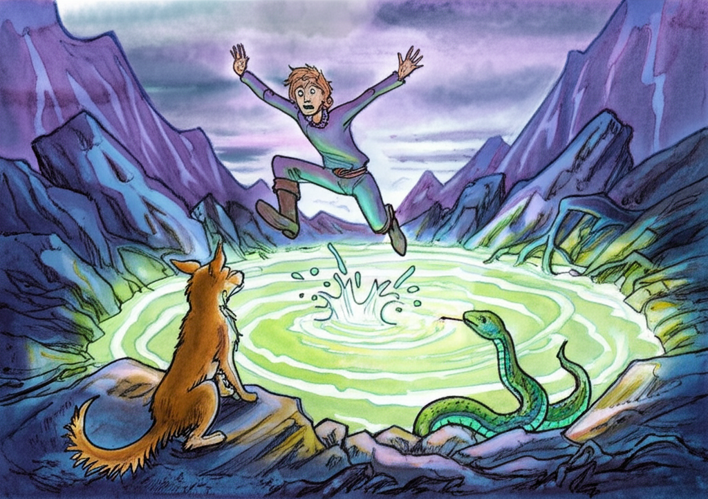 Watercolor illustration of the young man, eyes wide with a mix of excitement and trepidation, jumping into a shimmering, magical spring at the base of a towering mountain range. The spring glows with an otherworldly luminescence, casting a soft, iridescent light on the surrounding landscape. The snake, now transformed and smaller, guides him with a nudge of his snout. The dog and cat watch with worry and concern from the bank, their bodies tense and their ears forward. The watercolor painting captures the swirling, ethereal quality of the spring and the jagged peaks of the mountains, partially obscured by mist. The colors are vibrant and otherworldly, with hints of purple, blue, and green. The spring should appear almost liquid with pure light. Weathered rocks and roots surround the spring, adding to the rugged landscape.
