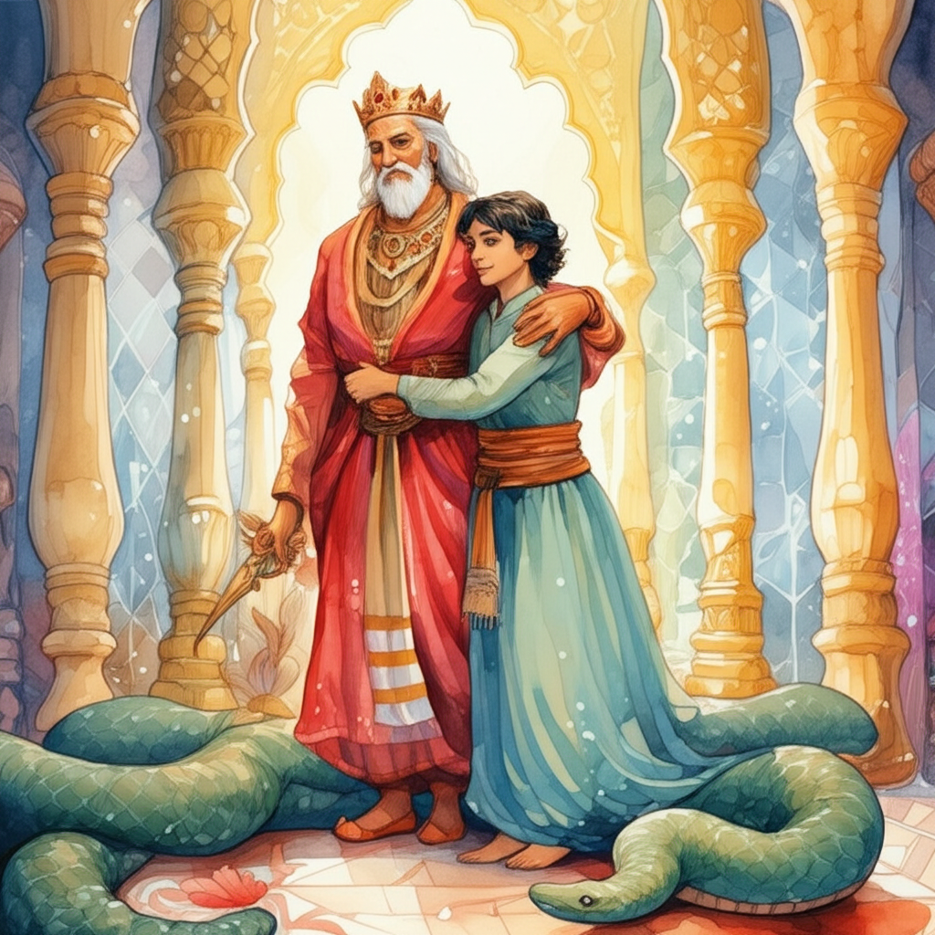Watercolor illustration of King Indrasha, a regal figure adorned with jewels and flowing robes of silk, warmly embracing his son (the snake, now fully transformed back into a prince) and greeting the young man in a lavish, otherworldly palace. The palace is constructed of shimmering gold and crystal, filled with intricate carvings and flowing fountains. The light is soft and diffused, creating a sense of serenity and grandeur. The king’s expression is one of immense joy and gratitude. The background includes details like ornate pillars, jeweled tapestries, and exotic flowers. The color palette is rich and luxurious, with shades of gold, crimson, and sapphire. The floors are polished to a mirror sheen. Focus on capturing the regal bearing and the warmth of the reunion. The King’s face should be lined with wisdom and kindness.