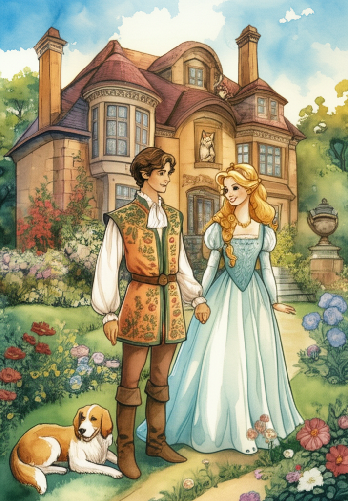 Watercolor illustration of the young man, now dressed in finery with embroidered silk robes, standing with a beautiful princess with golden hair that cascades down her back, in front of a grand house constructed of warm, inviting stone. The scene is bathed in the golden light of a summer afternoon. The dog, cat, pot, spoon, and the magical ring are subtly placed within the scene: the dog lying loyally at his feet, the cat perched gracefully on a window sill, the pot and spoon resting on a nearby table, and the magical ring shimmering on the princess’s finger. The house is surrounded by a lush garden filled with colorful flowers and fruit trees. The color palette is warm and inviting, with shades of gold, green, and rose. The watercolor technique captures the texture of the stone walls, the silk robes, and the delicate features of the princess. The young man and princess are holding hands, their eyes reflecting joy and love.