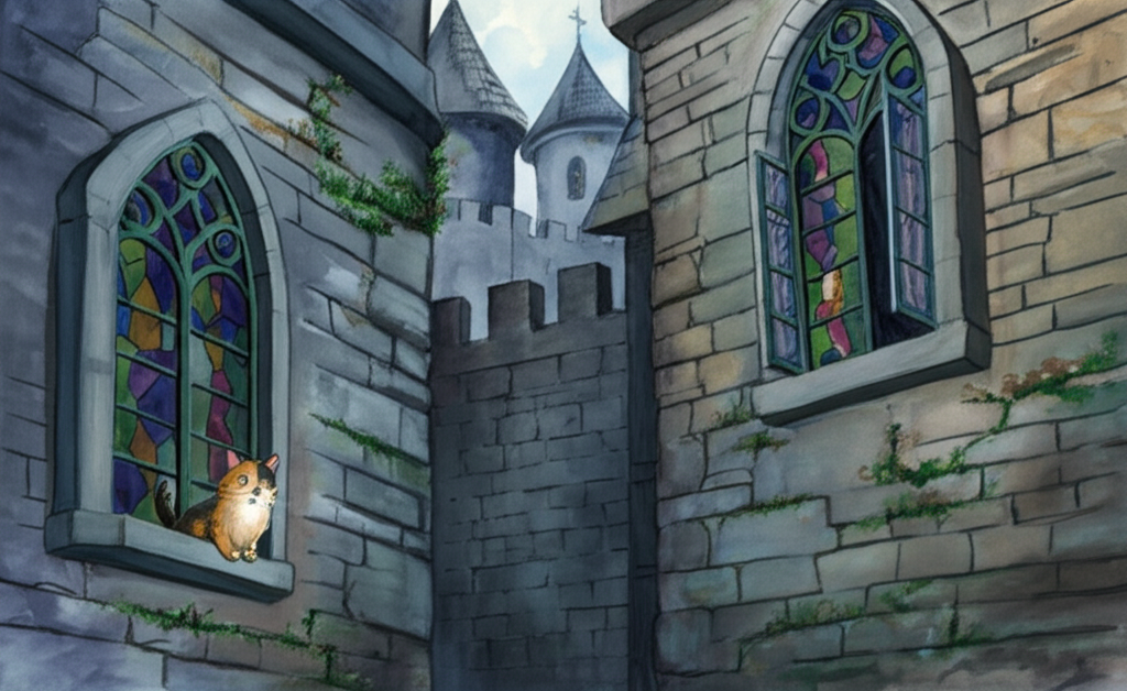 Watercolor illustration of the calico cat perched outside the window of the princess, who is inside the new prince’s grand castle, with a concerned expression in its emerald eyes. The window is tall and arched, made of stained glass depicting scenes of bravery and compassion. Show the exterior of the castle, constructed of imposing gray stone, its turrets reaching towards the sky, and the cat’s small size highlighting the challenge it faces. The light is dim and overcast, creating a sense of foreboding. The watercolor technique emphasizes the contrast between the soft fur of the cat and the harsh stone of the castle. The castle walls are lined with moss and ivy, showing its age. The cat’s fur is ruffled by a cold wind, adding to its vulnerability. The colors are muted, with shades of gray, blue, and green.