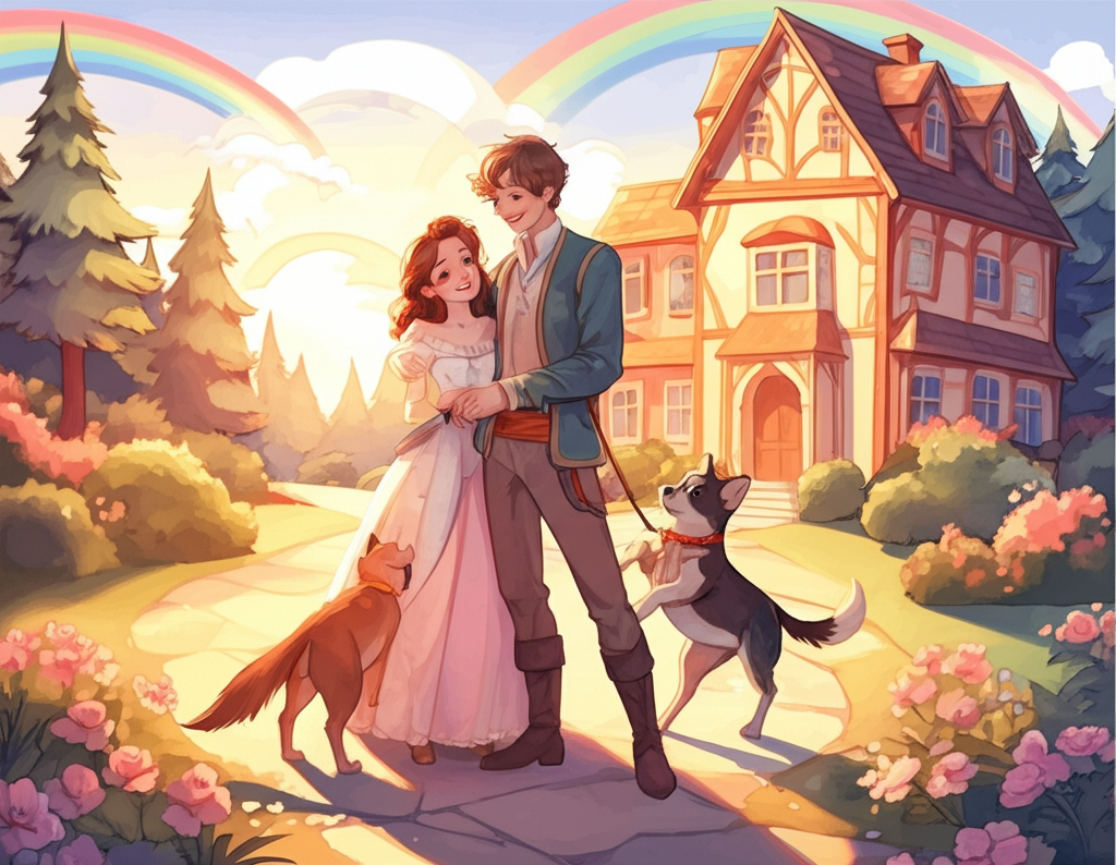 Watercolor illustration of the young man, his face radiant with joy, reunited with the dog and cat, standing in front of his beautiful house with the princess, her hand intertwined with his. The house is bathed in the soft, warm light of the setting sun. The dog wags its tail enthusiastically, its tongue lolling out, while the cat rubs affectionately against the young man’s legs. The scene showcases their happiness and strong bond after overcoming hardship. The color palette is warm and inviting, with shades of gold, peach, and rose. The watercolor technique captures the texture of the flowers in the garden, the gentle breeze rustling through the trees, and the deep connection between the characters. The setting sun casts long, warm shadows, creating a sense of peace and contentment. A faint rainbow arcs across the sky, symbolizing hope and new beginnings.