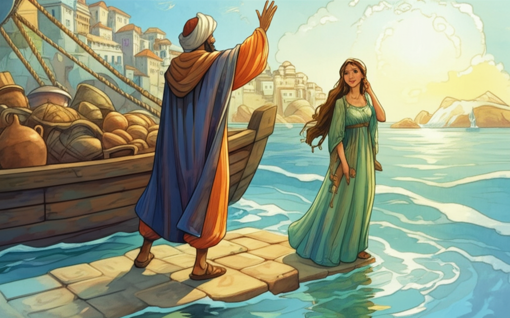 A watercolor illustration of a merchant in a colorful robe of deep indigo and saffron, waving goodbye from a weathered wooden boat laden with exotic spices, silks, and ceramic pottery. The light is golden hour, casting long shadows on the boat and the turquoise water. His wife, in a flowing emerald dress, stands on the shore of a vibrant coastal town with whitewashed buildings and terracotta roofs, the midday sun glinting off the sea behind her. Her expression is a mix of love and worry, a slight breeze ruffling her hair. The scene is rendered in soft watercolor tones, with a focus on delicate blending and natural flow, evoking a feeling of bittersweet parting.