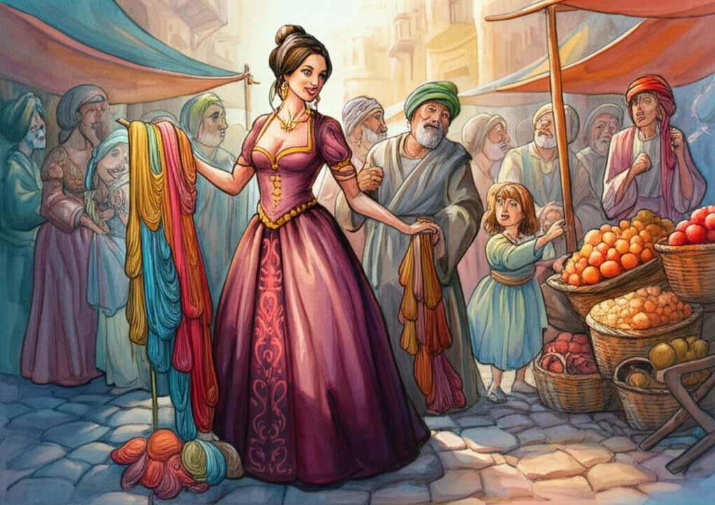 A watercolor painting depicting the merchant’s wife, elegantly dressed in a plum-colored silk gown with intricate gold embroidery, confidently selling colorful bundles of thread in shades of crimson, turquoise, and gold at a bustling marketplace. The lighting is diffuse sunlight filtering through canvas awnings, creating soft shadows. Various townsfolk surround her, showcasing surprised and interested expressions, some haggling with playful gestures. A child points in wonder at a skein of vibrant yarn. The marketplace is filled with details: overflowing baskets of fruit, cobblestone ground, and colorful banners fluttering in the breeze. The overall color palette is warm and inviting, with a touch of the exotic, rendered with loose, expressive watercolor strokes.