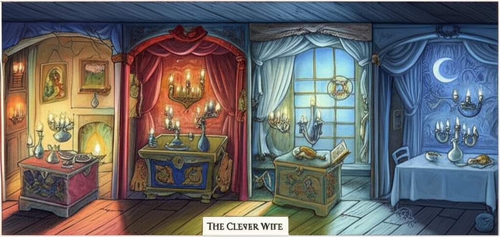 Watercolor art showcasing four large, intricately decorated wooden boxes in separate, richly furnished rooms within the merchant’s house. The lighting varies in each room: one room bathed in the warm glow of candlelight, another illuminated by the soft light filtering through sheer curtains, one with stark sunlight illuminating the dust motes in the air, and one lit by the cool light of the moon. Dinner is set on each table with varying levels of extravagance: a simple stew, roasted fowl, a feast with multiple courses, and an empty table. Details include silk tapestries, intricate wooden flooring, and the subtle textures of embroidered cushions. The overall tone is mysterious and slightly unsettling, hinting at hidden secrets and unspoken truths, achieved through a sophisticated watercolor palette and careful attention to light and shadow.