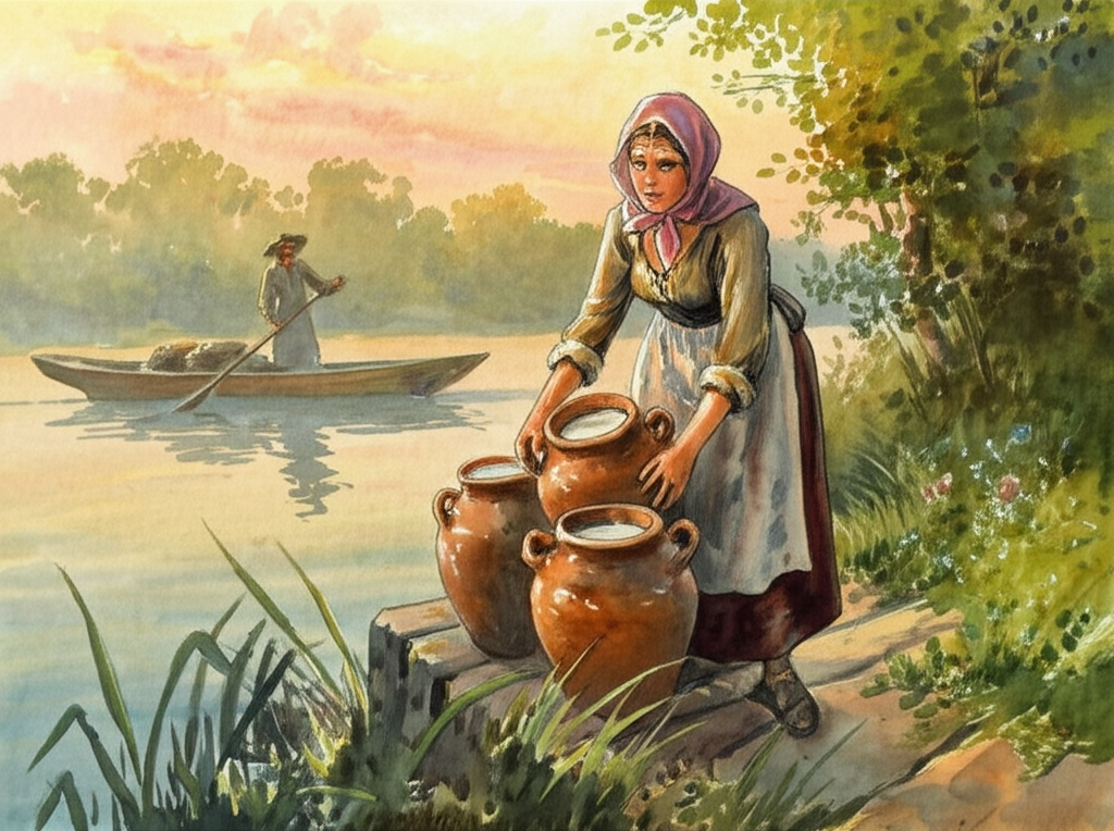 A watercolor scene illustrating the merchant’s wife, dressed as a farm girl in simple, patched linen clothing, selling fresh milk by a riverbank in cracked clay jugs. The time is early morning, with a hazy mist rising from the water and soft light filtering through the trees. Her husband, the merchant, is visible in the background on his boat, a small vessel laden with goods, looking intrigued and slightly amused from his boat, his face shaded by a wide-brimmed hat. The riverbank is overgrown with wildflowers and lush greenery, the water reflecting the colors of the dawn. The watercolor style is loose and impressionistic, capturing the rustic charm of the scene with subtle textures and earthy tones. The air is thick with the scent of damp earth and fresh milk.