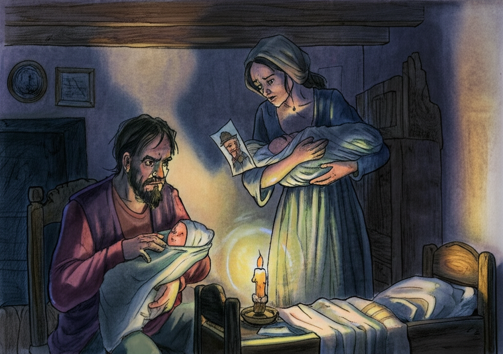 Watercolor artwork depicting the merchant, now back home, looking at his newborn son with a mix of anger and confusion. His face is etched with worry lines, illuminated by the flickering light of a bedside candle, casting long shadows across the room. His wife stands beside them, her face weary but determined, holding up a tattered picture of him in his old, familiar hat, trying to jog his memory. The room is sparsely furnished with a rough wooden cradle and a worn blanket. The color palette is muted and somber, reflecting the emotional turmoil of the scene. The watercolor technique emphasizes the fragility of the moment, with delicate washes and subtle blending creating a sense of vulnerability and unspoken tension.