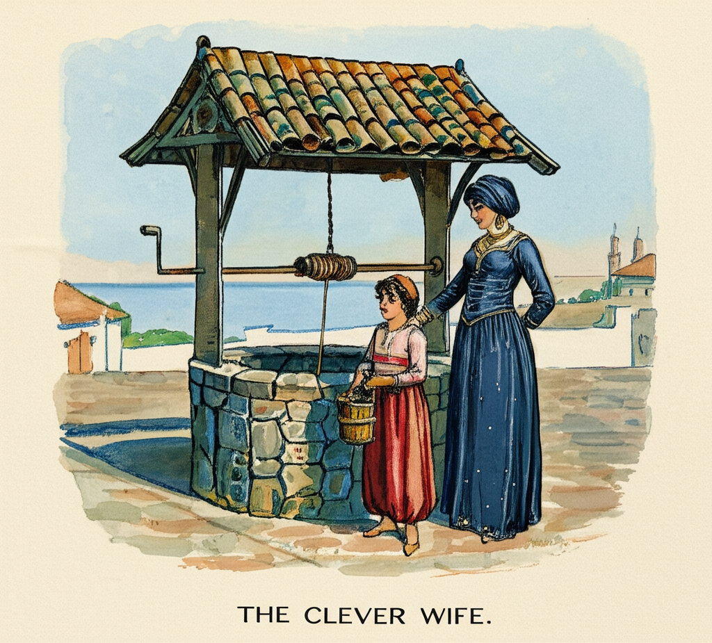 A watercolor illustration of the merchant’s wife, dressed in her finest clothes – a deep sapphire gown adorned with silver thread, stands proudly beside a beautifully crafted well with a tiled roof, showcasing intricate details and vibrant colors of deep blues, greens, and yellows. The well is made of carved stone and adorned with floral motifs. It is midday, with strong sunlight casting a crisp shadow across the scene. Her son stands next to her, holding a small wooden bucket and looking up at her with admiration. In the background, a glimpse of the town and the sea can be seen. The watercolor style is highly detailed, with sharp lines and vibrant colors, creating a sense of prosperity and hope. The air is filled with the scent of blooming jasmine and fresh water, reflecting a sense of peace and accomplishment.