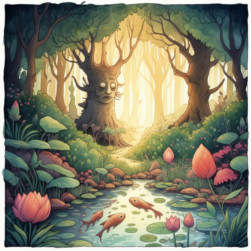A serene and slightly melancholic watercolor illustration of a lush forest scene at twilight. Soft, golden light filters through the canopy, creating long, dappled shadows. A gentle, glowing tree spirit with a kindly, yet worried face, stands near a pond filled with vibrant, fading lotus flowers. The pond’s water level is noticeably low, exposing muddy banks and cracked earth. Several fish with large, expressive eyes swim nervously near the surface, their scales shimmering with iridescent hues. The air is thick with humidity, and the scent of damp earth hangs heavy. Artistic style: detailed watercolor with soft blending and a touch of whimsy.