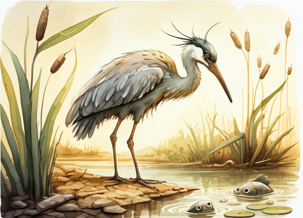 Watercolor illustration of a sneaky-looking crane with ruffled feathers, perched at the edge of a drying pond under the harsh midday sun. The crane’s sharp, intelligent eyes are narrowed as it observes a group of worried fish huddled together. The pond is surrounded by dry, cracking green reeds and faded, tattered lily pads. Patches of bare, sun-baked mud are visible. The color palette leans towards earthy browns and muted greens, conveying a sense of desperation and drought. Artistic style: loose watercolor technique with emphasis on texture and detail.
