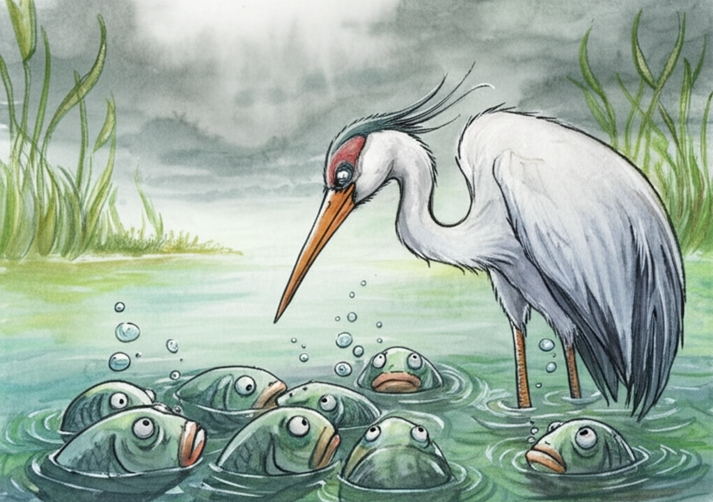 Watercolor illustration of the crane, with a feigned look of concern and compassion, talking to the group of fish under a cloudy, overcast sky. The crane’s neck is slightly arched, and its feathers are subtly puffed out to appear larger. The fish are looking up at the crane with wide, anxious eyes, displaying anxiety and desperation. Bubbles rise from their mouths as they gasp for air. The water is murky and stagnant. Hints of vibrant green algae cling to the exposed pond bed. Artistic style: soft watercolor wash with subtle shading to emphasize the fish’s distress.