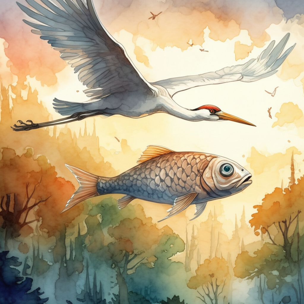 Watercolor illustration of the crane flying an old, one-eyed fish with tattered fins over the dense forest canopy, bathed in the warm glow of the setting sun. The fish looks excited and hopeful, its remaining eye gleaming with anticipation. The crane’s face is partially obscured by the fish’s body and its own wing, a shadow falling across its beak, hinting at deception. The wind ruffles the crane’s feathers and causes the fish’s fins to flutter. The forest below is a tapestry of greens, browns, and oranges. Artistic style: dynamic watercolor with strong lighting and contrasting colors to create a sense of movement and suspense.
