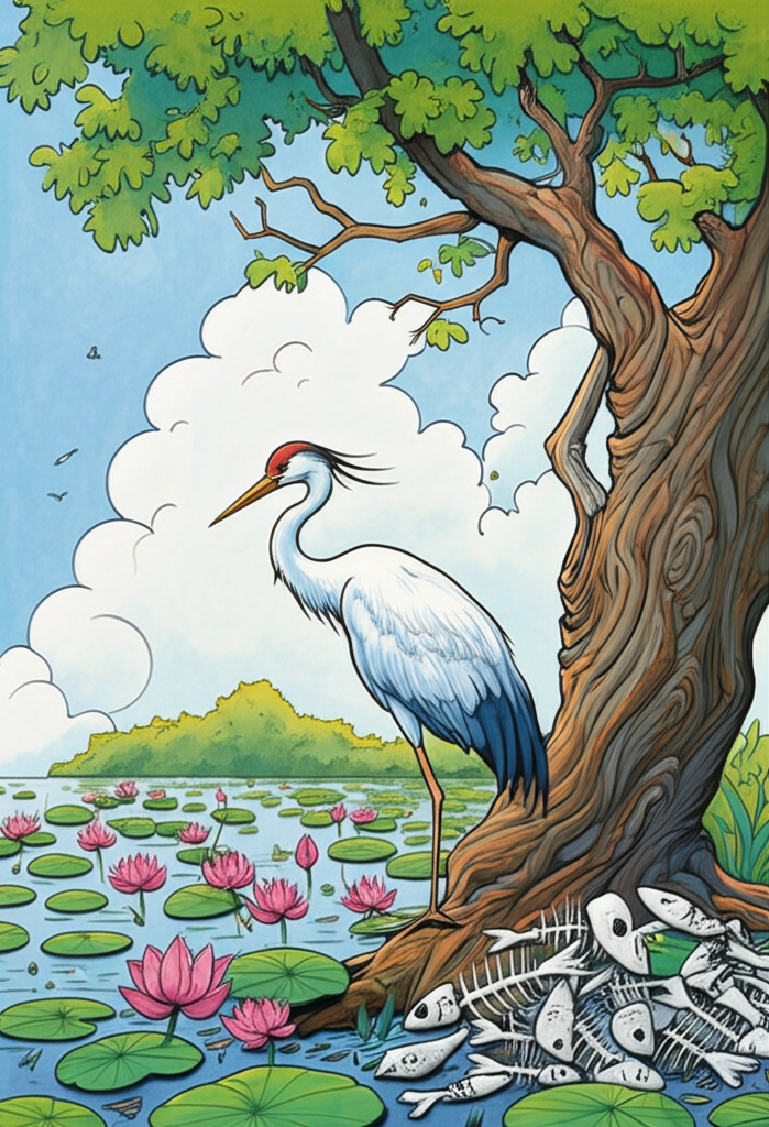 Watercolor illustration showing the crane perched in a gnarled, ancient tree near a pond full of thriving lotus flowers, bathed in the soft morning light. A pile of meticulously arranged fish bones glistens under the tree, partially hidden by fallen leaves. The pond has calm, clear water, reflecting the blue sky and fluffy white clouds above. The color palette is vibrant and peaceful, contrasting with the gruesome reality hidden beneath the tree. The air is fresh and clean. Artistic style: detailed watercolor with a focus on capturing the beauty of nature and the subtle horror of the scene.