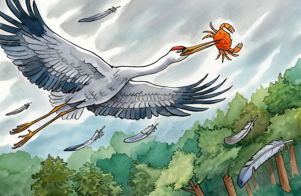 Watercolor illustration of the crane holding a crab by the neck with its beak, mid-flight. The crab is gripping the crane’s neck with its claws, its pincers digging deep into the feathers and skin, a determined and serious expression on its beady eyes. They are flying over a vast forest, the wind whipping around them. The sky is a turbulent mix of grey and blue. Feathers are scattering in the wind. The crane’s eyes reflect panic. Artistic style: energetic watercolor with bold strokes and dynamic composition.