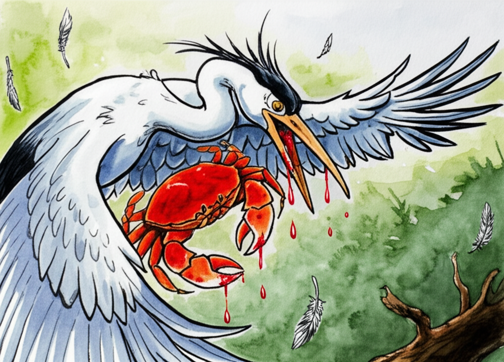 Watercolor illustration of the crab severing the crane’s neck with its sharp claws while mid-flight. The crane’s body begins to fall, feathers flying everywhere, its eyes wide with shock and pain. The crab maintains a determined and serious expression, its claws dripping with blood. The background shows a blurred panorama of the forest floor rushing upwards. Artistic style: dramatic watercolor with a focus on movement and emotion. Use of red to highlight the violence.