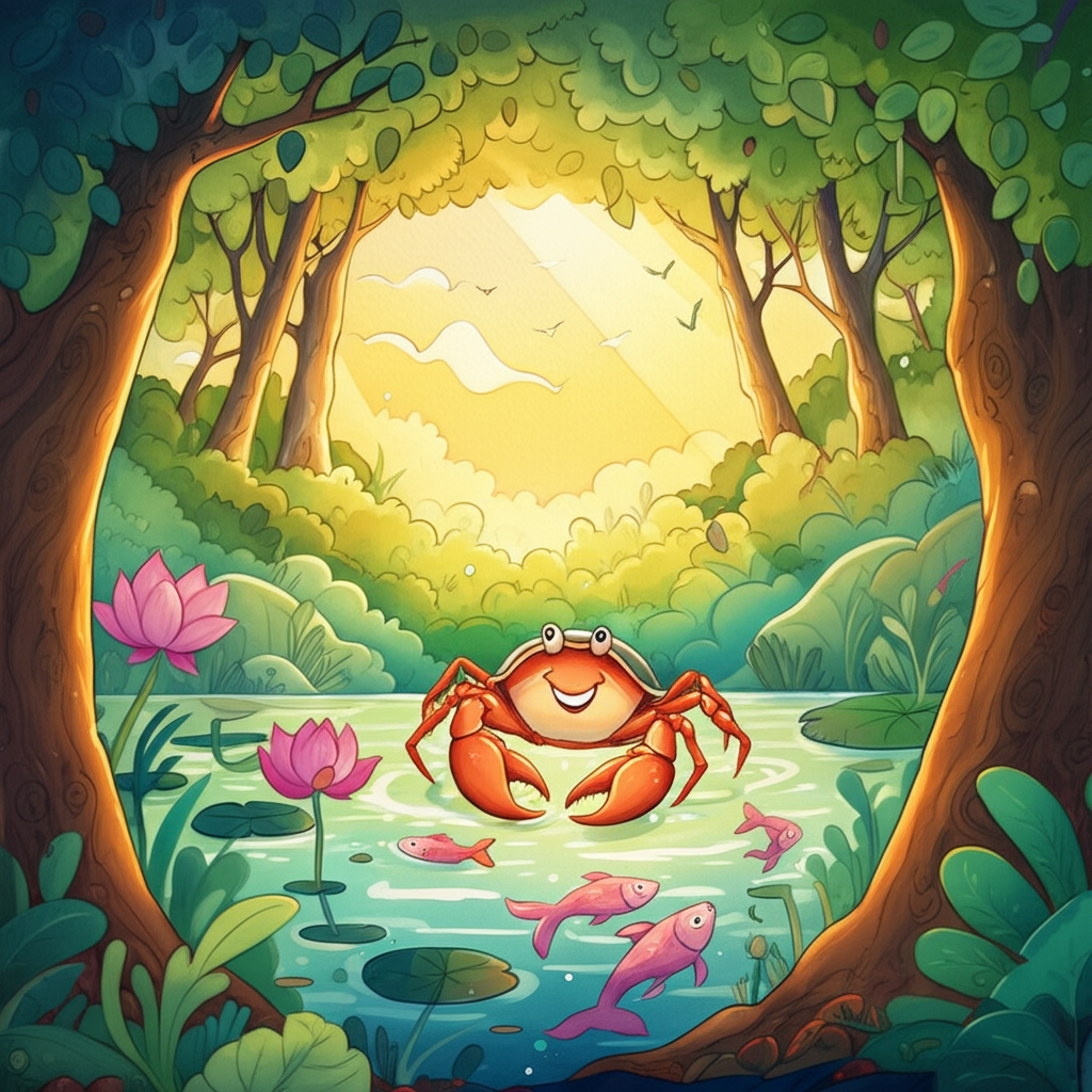 Watercolor illustration of the tree spirit smiling down at a victorious-looking crab crawling into the lotus pond at dawn. The crab’s shell glistens with dew, and its claws are slightly raised in a gesture of triumph. Fish swim safely in the pond behind the crab, their scales shimmering in the sunlight. Sunlight is filtering through the trees, creating a warm and welcoming atmosphere. The water is crystal clear. Artistic style: bright and cheerful watercolor with a focus on capturing the joy and relief of the scene.
