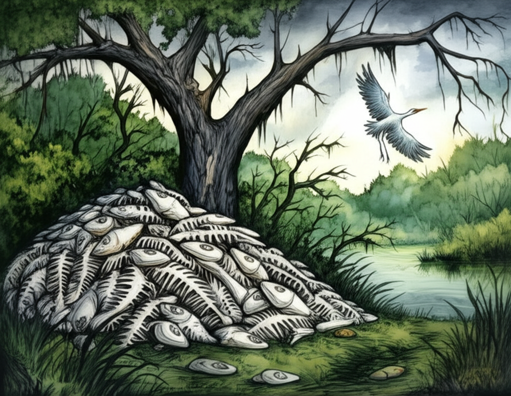 Watercolor illustration of a pile of fish bones bleached white beneath a large, decaying tree. In the background, a crane’s lifeless body is seen plunging toward the ground, its wings twisted and broken. The scene is surrounded by lush greenery, overgrown and wild, and the pond is in the distant background, reflecting the stormy sky. Dark shadows creep across the forest floor. A sense of ominous quiet fills the air. Artistic style: somber and atmospheric watercolor with a muted color palette and focus on decay and consequence.