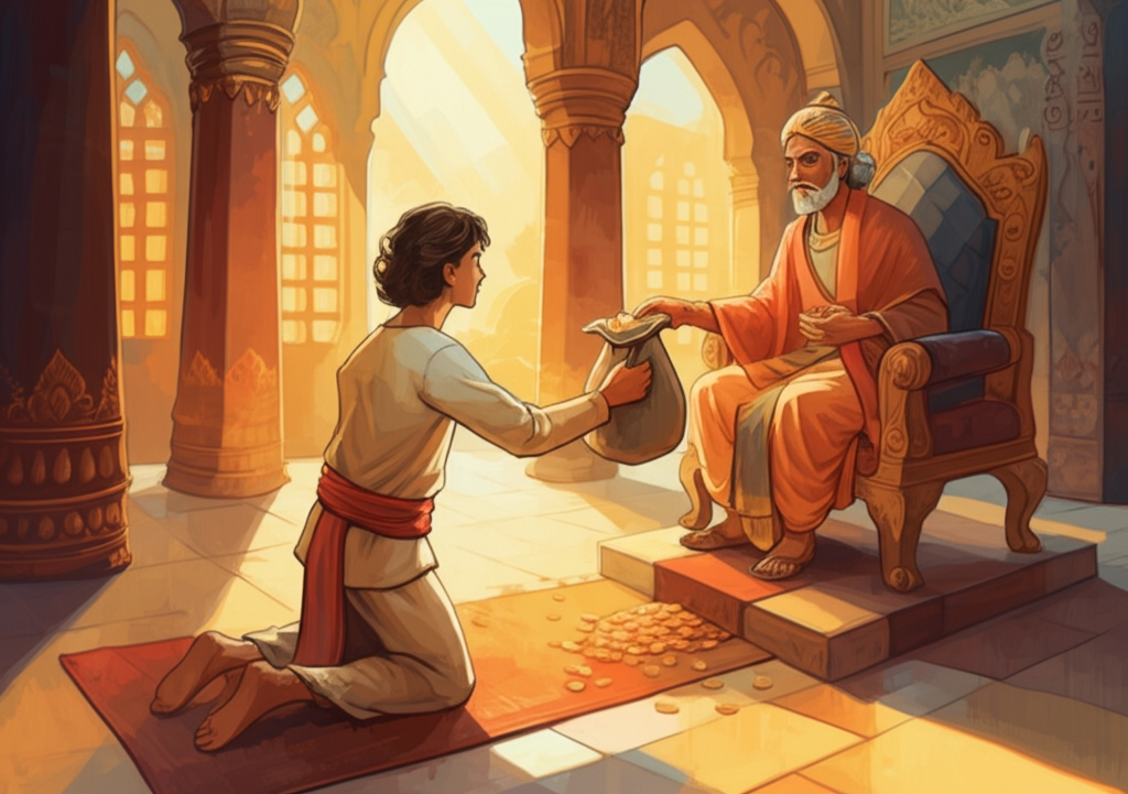 Watercolor illustration of the Prince of the Five Weapons, around sixteen years old, kneeling before his father, King Brahmadatta, receiving a heavy, overflowing bag of gold coins. Golden hour light streams through tall, arched palace windows, casting long, dramatic shadows across the polished marble floor. The light catches the dust motes dancing in the air. The king is seated on a richly carved teak throne, draped with velvet cushions of deep crimson and gold. His face is lined with age but softened with affection, and his hand rests gently on the prince’s head. The prince is dressed in simple, yet finely woven, princely robes of saffron and cream. His expression is one of humble gratitude. The background features intricately painted murals depicting scenes of past kings and their glorious deeds. Soft, blending watercolor washes create a sense of depth and ethereal beauty. Emotional tone: Warm, familial, hopeful.