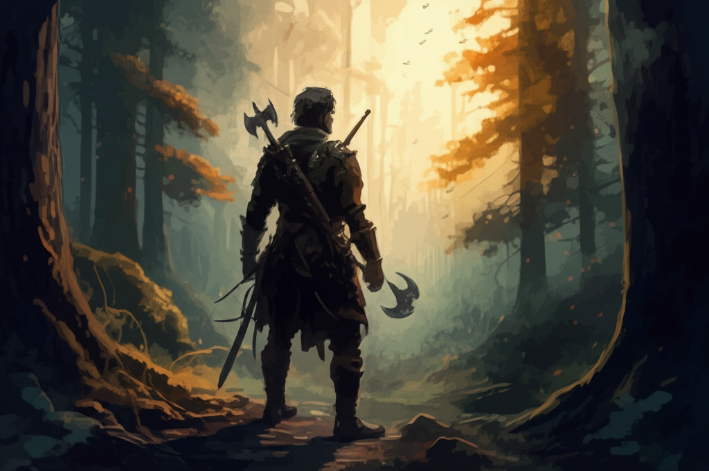 Watercolor illustration of the Prince of the Five Weapons, now older, around twenty-five, standing confidently at the edge of a dark and foreboding forest at twilight. The last rays of the setting sun paint the sky in hues of deep orange, purple, and bruised blue. He carries his five weapons (sword, spear, bow with arrows, axe, and shield) strapped to his back; the leather straps are worn and slightly cracked. The weapons themselves are weathered, showing signs of use. He gazes intently into the woods, his jaw firm and his eyes filled with determination. The forest is thick with gnarled trees, their branches reaching like skeletal fingers. Fallen leaves litter the ground, creating a damp, earthy aroma (implied). Shadows deepen amongst the trees, obscuring what lies within. Color palette: Dark greens, browns, purples, with fiery highlights from the sunset. Emotional tone: Foreboding, courageous, determined. Artistic style: Watercolor with rough edges and textured paper effect.