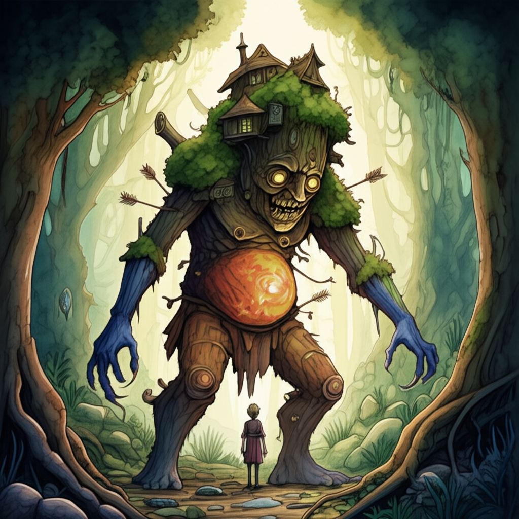 Watercolor illustration of the Demon with Matted Hair, towering over the Prince of the Five Weapons. The Demon is depicted with a tree-trunk-sized body covered in bark-like skin, a house-sized head with a mossy crown, plate-sized eyes glowing with inner fire, bumpy, yellowed teeth, a hawk-like face with a hooked nose, a colorful stomach with swirling patterns resembling a cosmic nebula, and blue, clawed hands and feet. Arrows are sticking harmlessly in its matted, dreadlock-like hair, some broken, some bent. The prince looks incredibly small in comparison. The forest floor is uneven and muddy, with exposed roots and decaying logs. The lighting is dappled and eerie, filtering through the dense canopy. Color palette: Greens, browns, blues, and reds, with a sense of unnatural vibrancy. Emotional tone: Fear, awe, precariousness. Artistic style: Watercolor with a sense of exaggerated scale and grotesque detail.