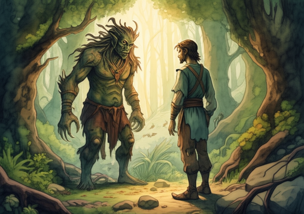 Watercolor illustration of the Prince of the Five Weapons, now freed, standing before the Demon with Matted Hair. The prince is calmly speaking, his hand raised in a gesture of teaching, his face serene and compassionate. The Demon is listening intently, its massive head tilted slightly, its plate-sized eyes now filled with curiosity and a hint of remorse. The forest is still dark, with twisted branches and gnarled roots, but hints of sunlight are beginning to break through the canopy, illuminating patches of moss-covered ground. Birds begin to sing in the distance. The air is still heavy with moisture but carries a hint of fresh growth. The Prince’s clothes are ripped in multiple spots, showing the wear of the fight. Color palette: Soft greens, browns, and golds, with a sense of emerging hope. Emotional tone: Peaceful, transformative, hopeful. Artistic style: Watercolor with a soft, diffused light and a focus on the characters’ emotional connection.