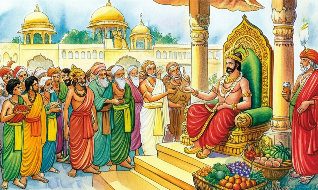 Watercolor illustration of the Prince of the Five Weapons, back in Benares, now crowned as king. He is seated on a golden throne, intricately carved with images of mythical creatures. He is dispensing alms to the poor and needy, who line up before him. Some are elderly and infirm, others are young children. Their faces are etched with hardship, but their eyes gleam with hope as they receive the king’s generosity. The scene is bright and prosperous, symbolizing his good rule. The palace walls are adorned with vibrant tapestries, and the air is filled with the sounds of music and laughter. Baskets of fruit and vegetables overflow at the edges of the scene. Golden sunlight floods the courtyard. Color palette: Rich golds, reds, and greens, with a sense of abundance and prosperity. Emotional tone: Generous, benevolent, hopeful. Artistic style: Watercolor with vibrant colors and detailed depictions of the crowd.