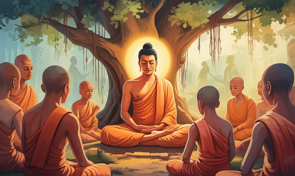 Watercolor illustration of the Teacher (Buddha), sitting in Jetavana, surrounded by monks. The monks are young and old, their faces reflecting rapt attention. The Teacher has a serene expression, his eyes closed in contemplation, a gentle smile gracing his lips. He is seated on a simple mat beneath a bodhi tree, its leaves rustling gently in the breeze. The air is filled with the scent of incense. In the background, subtly depicted as transparent, ethereal images, are faint, ghost-like images of the Prince and the Demon, locked in their struggle and eventual understanding. These ghostly figures are integrated into the trees and foliage. The lighting is soft and diffused, creating a sense of tranquility. Color palette: Earthy tones, with soft greens and browns, and a hint of gold. Emotional tone: Peaceful, wise, contemplative. Artistic style: Watercolor with a focus on spiritual serenity and subtle details.
