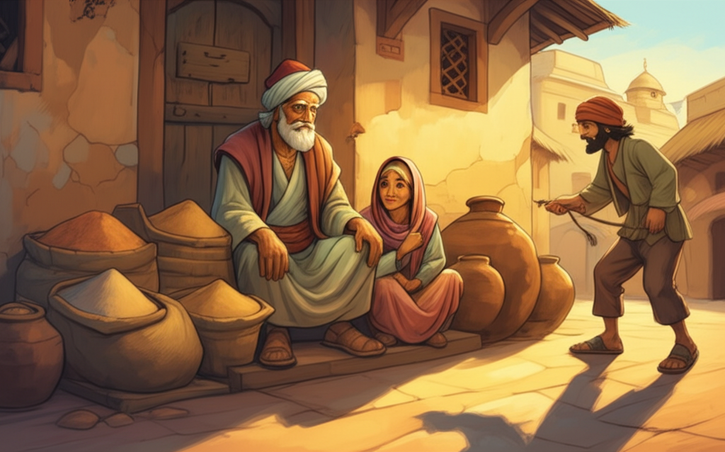 A vibrant watercolor illustration of a kind grain seller, Nánaksá the fakír (depicted as an older, benevolent man with a simple robe, slightly tattered at the hem, and weathered hands), and the grain seller’s wife (with kind eyes and worn, practical clothing) sitting together outside the grain seller’s shop on a sunny day. Golden sunlight bathes the scene, casting long, warm shadows. The color palette is warm, with ochres, siennas, and muted greens. A frightened goat hides trembling behind the grain seller’s legs, its fur realistically rendered, with a man in roughspun clothes pulling it away with a rope. The shop has a worn wooden door and cracked clay pots are visible. Nánaksá smiles gently, while the wife looks on with a sense of peace. The air feels still and warm.