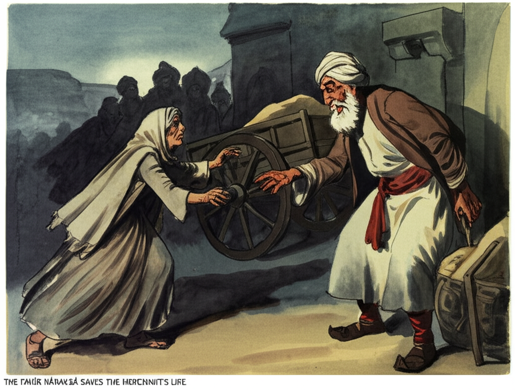 A captivating watercolor illustration of Nánaksá laughing, a deep, hearty laugh that crinkles the corners of his eyes, while the grain seller’s wife looks at him with a questioning expression, her brow furrowed in concern. The color palette is muted, with grays and browns dominating. In the background, shadowy figures of guards are dragging away an old woman (face etched with desperation, reaching out with gnarled hands) who is reaching out towards the grain seller for help. The scene is dimly lit, casting strong shadows. A wooden cart sits in the background, its wheels broken. The wife’s dress is simple, made of coarse fabric, and her hands are rough from work. The air feels tense and heavy with unspoken dread.