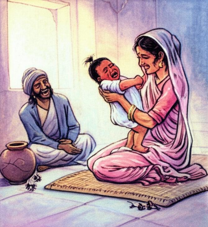 A tender watercolor illustration of the grain seller’s wife (her hair pulled back in a simple bun, dark circles under her eyes indicating exhaustion) holding her fussy baby daughter, who is pulling at her mother’s dress with tiny, grasping hands. The baby’s face is flushed and red. Nánaksá sits nearby, on a woven mat, laughing for the third time, a knowing glint in his eye. Soft, diffuse light filters through a window behind the wife, illuminating her and the baby. The color palette is soft and pastel, with gentle pinks and blues. A cracked clay pot sits on a wooden floor, holding a few wilted flowers. The wife looks tired but loving, while the baby writhes and cries. The air feels stuffy and close.
