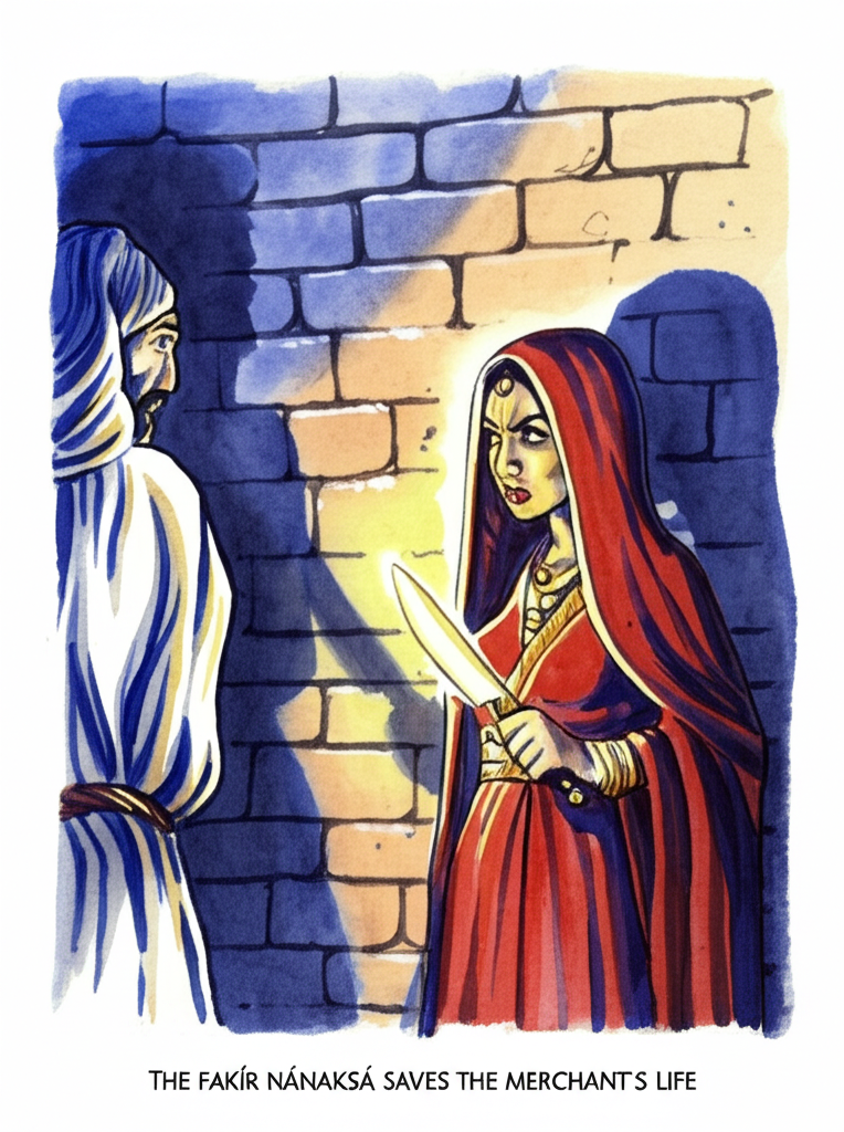 A dramatic watercolor illustration of the grain seller’s wife holding a gleaming knife, confronting Nánaksá. Her eyes are narrowed, and her jaw is set. She looks determined and serious, her body tense and ready. Nánaksá appears calm and serene, his face radiating peace. The light is dramatic, with shadows emphasizing the tension between them. The color palette is stark, with deep blues and reds contrasting with the whites of the wife’s eyes and the glint of the knife. The background is a simple mud brick wall, casting a long shadow. The wife’s knuckles are white as she grips the knife. The air crackles with unspoken accusations.