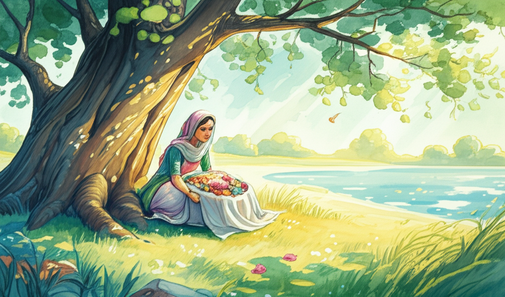 A hopeful watercolor illustration of the grain seller’s wife in a sun-drenched field, placing a cloth covered with delicious treats (brightly colored sweets and pastries) under a large, ancient tree near a shimmering pond. Sunlight filters through the leaves, creating dappled patterns on the ground. The color palette is vibrant, with greens, yellows, and blues creating a sense of hope and renewal. She looks hopeful and anxious, her hands clasped tightly. The air is filled with the sounds of birdsong. The tree’s bark is rough and textured, and its branches reach towards the sky like welcoming arms. The water in the pond reflects the blue sky above. Her clothing is simple, but clean and carefully arranged. The breeze gently rustles the leaves.
