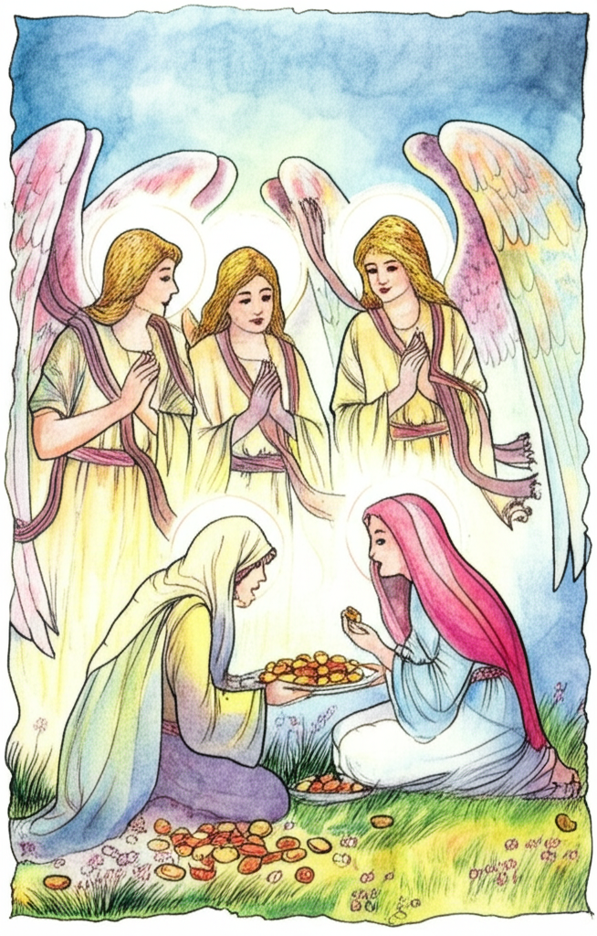 A celestial watercolor illustration of four angels, including Jabrá’íl (depicted with luminous wings and radiant light, shimmering with iridescent colors), sitting on the ground eating the treats offered by the grain seller’s wife. The treats are depicted with appetizing detail. The wife is bowing respectfully to them, her head lowered in reverence. The color palette is ethereal, with shimmering golds, blues, and greens. The ground is covered in soft grass and wildflowers. Light emanates from the angels, illuminating the scene with a heavenly glow. The wife’s clothes are simple but clean, reflecting her humble nature. The air hums with divine energy.