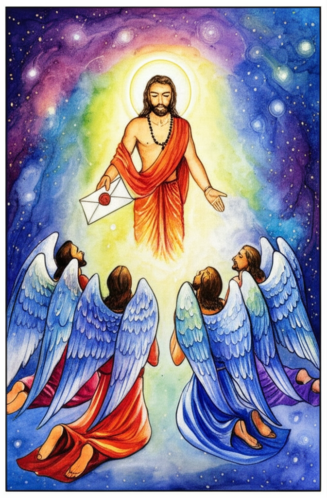 A majestic watercolor illustration of God (depicted with a glowing aura, radiating warmth and power) handing a sealed letter (its surface embossed with intricate designs) to the four angels, who are kneeling before him, their wings lowered in reverence. The scene should convey a sense of divine authority and mission. The color palette is rich and vibrant, with golds, purples, and blues creating a sense of grandeur. The angels’ faces are filled with awe and respect. The letter gleams with divine energy. The background is a swirling vortex of stars and galaxies. The air crackles with divine power.