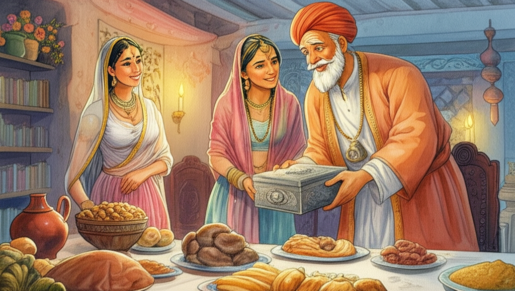 A heartwarming watercolor illustration of the grain seller’s wife placing a silver box (intricately etched with floral patterns) containing the letter around her husband’s neck. The box hangs heavy on his chest. Nánaksá is present, observing with a knowing smile, his eyes twinkling with amusement. Their home is decorated for a feast, with colorful tapestries hanging on the walls and candles flickering in the background. The color palette is warm and inviting, with reds, oranges, and yellows creating a sense of celebration. The grain seller’s face is etched with worry and hope. Food is laid out on a long, wooden table, tempting aromas filling the air.