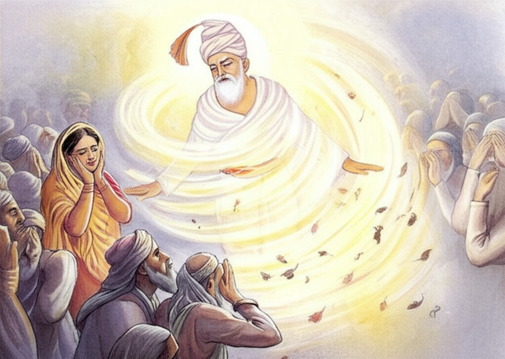 A mystical watercolor illustration of Nánaksá, depicted as a serene figure in simple robes, disappearing in a swirl of light and wind (leaves and dust swirling around him) while the grain seller, his wife (tears streaming down her face), and a large gathering of guests are praying with their hands over their faces, their heads bowed in reverence. The light is blinding, and the wind whips through the scene. The color palette is dominated by whites and yellows, representing divine light. The air is charged with emotion and faith. The faces of the guests are etched with a mixture of awe and sadness. The background is blurred, suggesting a transition to another realm.