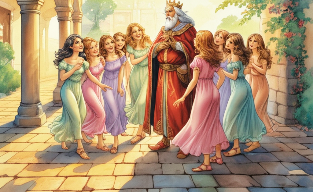 Watercolor illustration of a kind but weary king with a long, silver-streaked beard, dressed in regal robes of deep crimson and gold, standing in a sun-drenched courtyard paved with uneven flagstones. The light is a warm, golden afternoon glow, casting long shadows. He is surrounded by his seven daughters. Six daughters, in silk dresses of varying pastel hues, are smiling and pointing towards the king with playful gestures, their laughter almost audible. The seventh, the youngest, dressed in simple white linen, looks upwards with a serene expression, her eyes catching the light. Jasmine vines climb the aged stone walls of the courtyard. Soft watercolor blending creates a gentle, nostalgic feel.