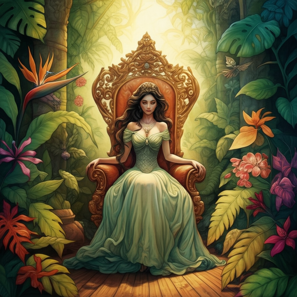 Watercolor illustration of a lonely princess, her face framed by long, dark hair, sitting alone in an ornate, gilt-edged chair carved with intricate floral patterns. She is amidst a dense, emerald green jungle teeming with life. The chair is opulent and contrasts sharply with the wild, untamed surroundings. Giant ferns and colorful orchids fill the scene. A single, ethereal ray of sunlight filters through the thick canopy of leaves, illuminating the princess, highlighting the sadness in her eyes. The palette is dominated by greens and browns with pops of vibrant color from the flora. Texture is evident in the wooden floor under the chair and the rough-hewn stone wall barely visible behind the foliage.