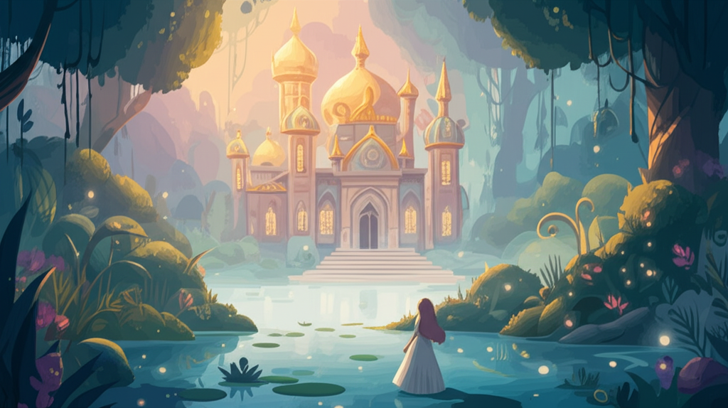 Watercolor illustration of a majestic palace shimmering with an ethereal glow, suddenly appearing in a misty jungle clearing. The light is diffused and magical, creating a dreamlike atmosphere. A serene pond reflects the palace’s shimmering lights, creating a double image of grandeur. Lush, meticulously manicured gardens filled with exotic flowers surround the palace. The princess, small in the vastness of the scene, stands in front of the palace, her mouth agape, gazing in awe. The color palette is soft and pastel, with hints of gold and silver. Fireflies dance in the air, adding to the magical ambiance. The texture is soft and blended, enhancing the dreamlike quality.