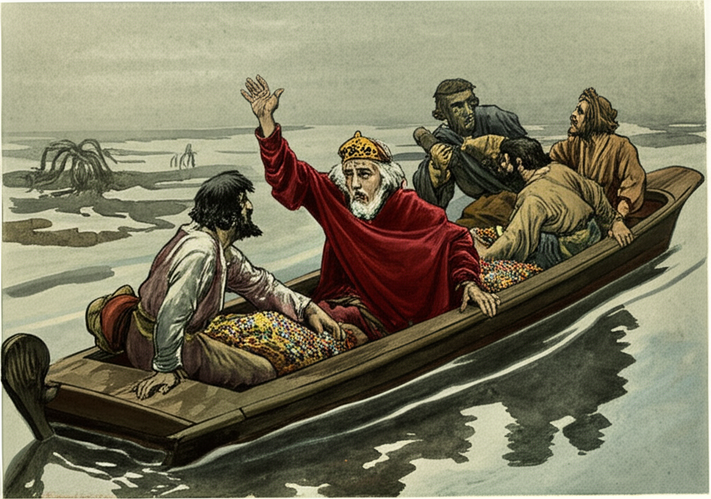 Watercolor illustration of the king, his regal robes of velvet and brocade now rumpled and stained, in a small wooden boat laden with jewels and shimmering silk fabrics. He looks distressed, worry lines etched deeply on his face, and scratches his head in confusion. The crew, a motley group of men in simple tunics, look equally confused, their body language conveying frustration. The boat is stationary on the murky water of a stagnant canal, reflecting the muted colors of the overcast sky. The light is dim and gray. The texture of the worn wood of the boat and the heavy silk fabrics adds to the scene’s authenticity. Muddy banks line the canal, with tangled roots reaching into the water.
