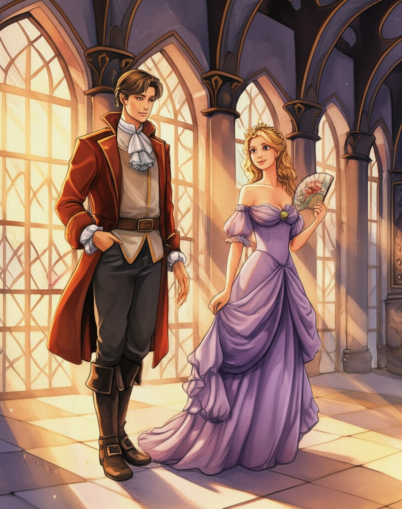 Watercolor illustration of a handsome prince with a kind face and gentle eyes, dressed in elegant but practical clothes, standing next to the princess in her palace. Sunlight streams through tall arched windows, illuminating dust motes dancing in the air. The princess, wearing a flowing gown of lavender silk, is holding a small, ornate fan, its ribs made of polished ivory. One side is decorated in vibrant colors depicting a blooming garden. The color palette is warm and inviting. The texture of the smooth marble floors and the soft silk of their clothing is subtly rendered. The princess’s gentle smile and the prince’s affectionate gaze convey a sense of budding romance.