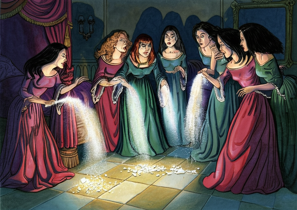 Watercolor illustration of six jealous sisters, their faces contorted with malice, spreading finely ground white powder (representing crushed glass) on a luxurious velvet bed in a grand, but dimly lit room. The light is primarily from a single flickering candle, casting long, distorted shadows. They have devious expressions and are looking around furtively, ensuring they are not seen. The room is decorated with heavy drapes and ornate furniture, giving it a sense of claustrophobia. The color palette is dark and moody, with splashes of crimson and emerald. The texture of the velvet bedspread and the cold stone floor contrasts with the sisters’ silk gowns, highlighting their deceptive nature.