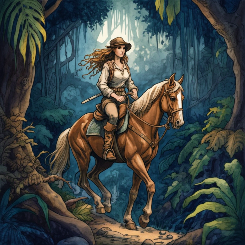 Watercolor illustration of the princess disguised as a young man in simple, earth-toned clothes and worn leather boots, riding a sturdy horse through a dense, tangled jungle. She has a determined expression on her face, her jaw set, and her long hair is tucked securely under a worn leather cap. The landscape darkens to suggest approaching night, with only slivers of moonlight filtering through the thick canopy. The color palette shifts to deep blues and greens, creating a sense of foreboding. The texture of the rough bark of the trees and the damp earth adds to the realism. The horse’s muscles are taut as it navigates the difficult terrain.