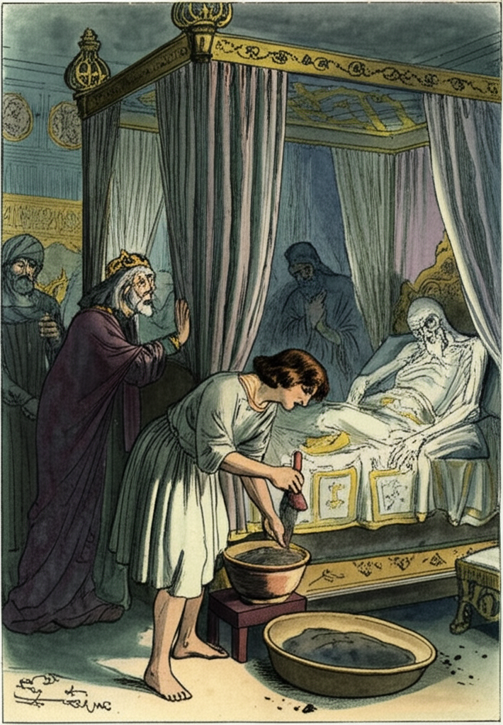 Watercolor illustration of the princess, still disguised as a young man in simple attire, carefully mixing dirt and water in a small, cracked clay bowl. The king, pale and weak, lies in an ornate, four-poster bed draped with heavy curtains. Other royal figures, their faces etched with worry, watch with anticipation in the sick prince’s bedroom, lit by the soft glow of oil lamps. The air is thick with the scent of herbs and sickness. The color palette is muted and somber, with hints of gold from the royal decorations. The texture of the rough blanket on the prince’s bed and the cracked clay bowl adds to the scene’s realism. The expressions on the faces of the onlookers convey a mixture of hope and desperation.